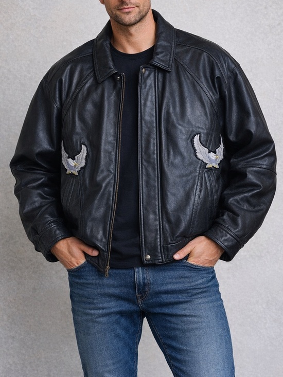 Wilsons Leather Other - Men’s Vintage Wilson Black Leather‎ Bomber Jacket With Eagle Embroidery Size XL